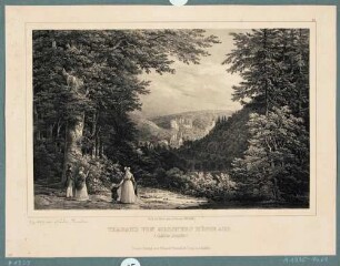 Tharandt, Blick aus den "Heiligen Hallen" von der Büste Gessners aus über das Tal der Wilden Weißeritz zum Badehaus (Kaltwasser-Heilanstalt), der Burgruine und der Stadt- und Bergkirche