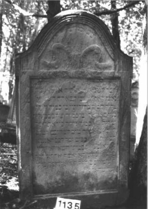 Grabstein 1135 (Index: 99899833) Material: Sandstein Zustand: stark verwittert Maße HxBxT: 164x94x13 cm Beschreibung: Stele mit Konvexbogenabschluss, im Bogenfeld Feston oder geschwungene Bänder Symbolik: Bänder oder Feston? Besonderheit: kulturhistorisch wertvoll / hist.-wiss. Gründe (Gemeindestellung)??: Grabstein 1135
