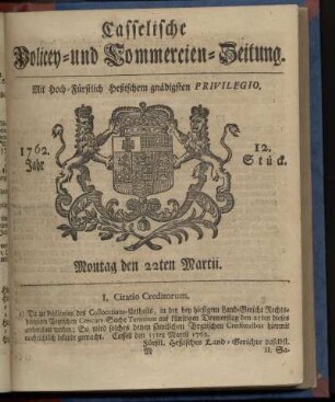 12. Stueck, Montag den 22ten Martii 1762