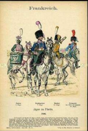 Uniformdarstellung, Militärmusiker der Jäger-Regimenter zu Pferde, Erstes Kaiserreich Frankreich, 1806.