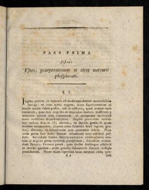 3-9, Pars Prima sistens Vsum, praeparationem et vires mercurii phosphorati.