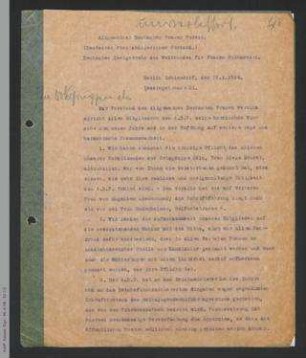 Rundschreiben von Dorothee von Velsen und Else Ulich-Beil an die Ortsgruppen des ADF