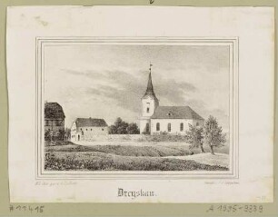 Die Kirche und das Pfarrhaus von Dreyskau (Dreiskau-Muckern) südlich von Leipzig, aus Sachsens Kirchen-Galerie von Hermann Schmidt