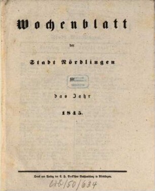 Wochenblatt der Stadt Nördlingen, 1845