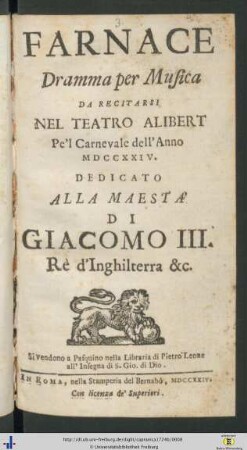Farnace : dramma per musica da recitarsi nel Teatro Alibert pe'l Carnevale dell' anno 1724