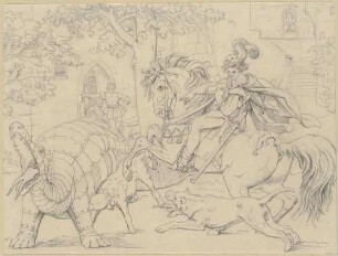 Zu Schillers "Der Kampf mit dem Drachen", Blatt 8: Der Ritter trainiert Pferd und Hunde an der Nachbildung des Drachen