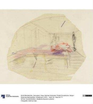 Jerusalem, Haus Salman Schocken, Peretz Smolenskin. Skizze - Innenraumperspektive. Arbeitsraum mit Schreibtisch und Skulptur (unregelmäßig beschnitten)