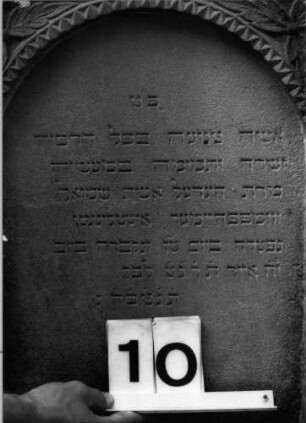 Grabstein 10 (Index: 100100608) Material: Sandstein Zustand: leicht verwittert Maße HxBxT: 177x52x20 cm Beschreibung: Stele, getreppter Sockel, Rundbogengiebel mit Eckakroteren, eingetieftes Schriftfeld mit Rundbogen Symbolik: Fries, Blätter, Bäumchen im Rundbogen: Grabstein 10 (Detailaufnahme 1)