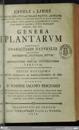 Genera plantarum : Eorumque Characteres Naturales Secundum Numerum, Figuram, Situm Et Proportionem Omnium Fructificationis Partium
