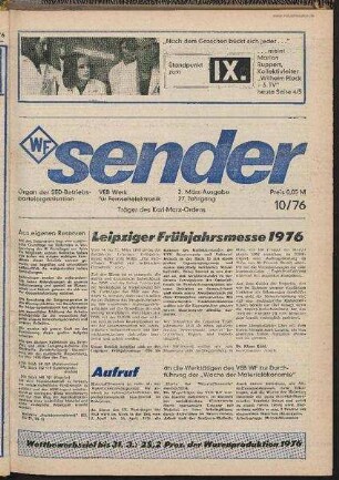 Betriebszeitung 'WF-Sender', Nr.10/1976 (2. Märzausgabe 1976)