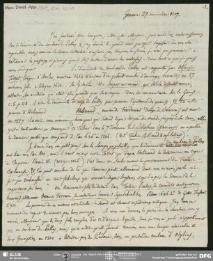 Eigenh. Brief von Guillaume Favre an August Wilhelm von Schlegel, Genf, 27.11.1807