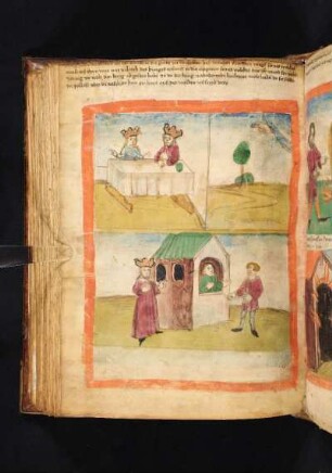 (dreigeteilt) Gastmahl Belsazars/Nebukadnezars; Die Menetekelhand; König läßt Daniel holen