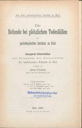 Die Befunde bei plötzlichen Todesfällen im pathologischen Institut zu Kiel