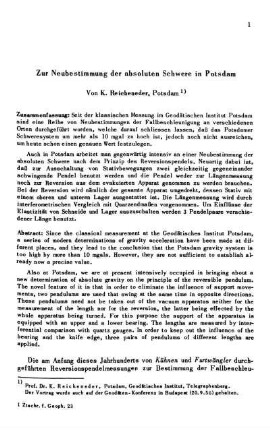 Zur Neubestimmung der absoluten Schwere in Potsdam