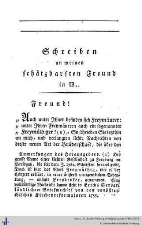Schreiben an meinen schätzbaren Freund in W....