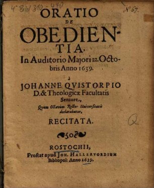 Oratio De Obedientia : In Auditorio Majori 22. Octobris Anno 1639.