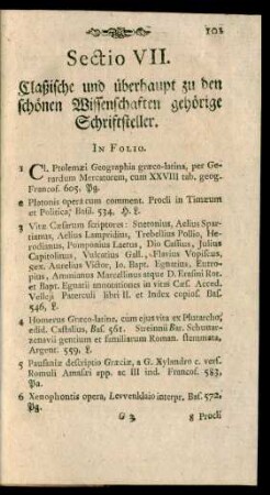 Sectio VII. Claßische und überhaupt zu den schönen Wissenschaften gehörige Schriftsteller