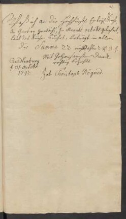 ... an die Hochfürstl: ... Küche ... in Monath Octobr. geliefert ... Quedlinburg [den] 31. Octobr. 1792.