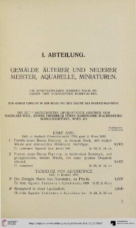 I. Abteilung. Gemälde älterer und neuerer Meister, Aquarelle, Miniaturen (Nr. 1-111)
