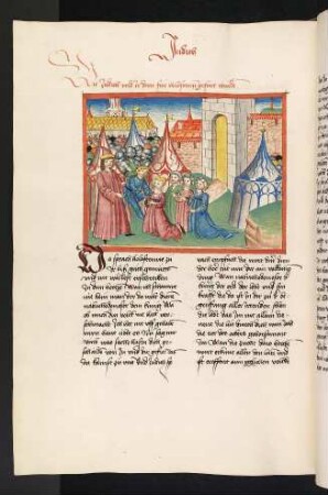 Judith und ihre Dienerinnen knien vor Holofernes