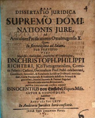 Dissertatio juridica de supremo dominationis jure : ad articulum pacificationis Osnabrugensis X