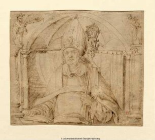 Scheibenriß mit dem Brustbild von Johannes Seckler, Abtes des Egidienklosters in Nürnberg, in bischöflicher Tracht mit Inful, ein Buch vor sich