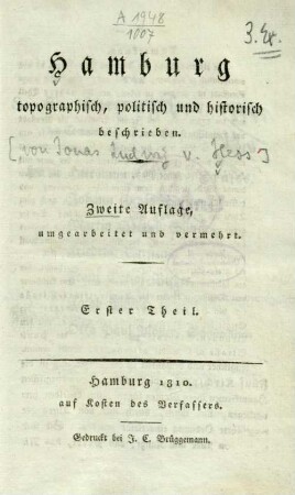 1.1810: Hamburg topographisch, politisch und historisch beschrieben ; Erster Theil