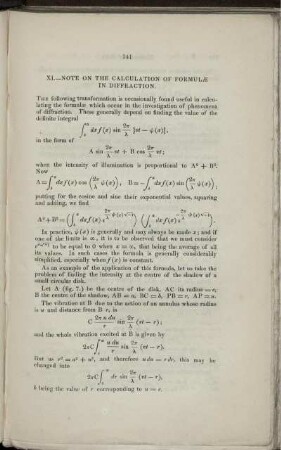 XI. - Note on the calculation of formulae in diffraction.