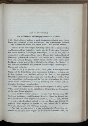 Achte Vorlesung. Die einfachsten Auflösungsprobleme der Theorie. [§§ 21-22]