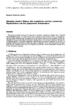 Satzartige situative Ellipsen, ihre syntaktische und ihre semantische Repräsentation und ihre pragmatische Interpretation