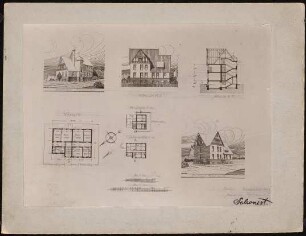 Wohnhaus: 3 Grundrisse, 2 perspektivische Ansichten, Schnitt und Ostansicht