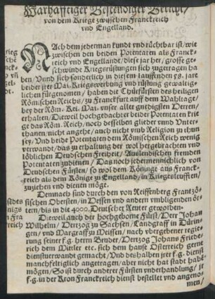 Wahrhafftiger Bestendiger Bericht/ von dem Kriege zwisschen Franckreich und Engelland.