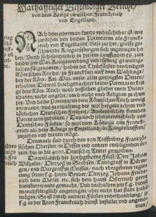 Wahrhafftiger Bestendiger Bericht/ von dem Kriege zwisschen Franckreich und Engelland.