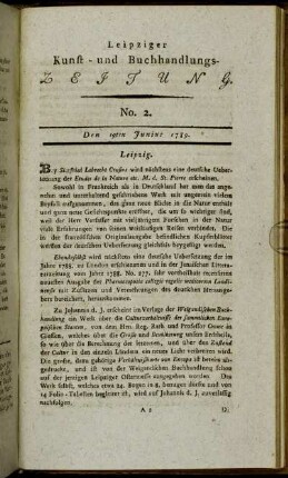 Leipziger Kunst- und Buchhandlungs-Zeitung. No. 2. Den 19ten Junius 1789.