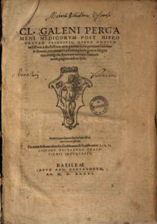 Cl. Galeni Pergameni medicorum post Hippocratem principis, opera omnium utilissima