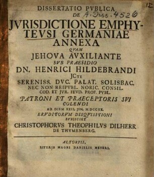 Dissertatio Publica De Iurisdictione Emphyteusi Germaniae Annexa
