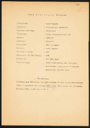 Kurtheater, Bad Kissingen: Schriftstück zum Fragebogen für das Handbuch »Das Deutsche Theater«