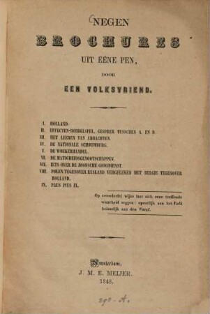 Negen Brochures uit ééne pen, door een volksvriend