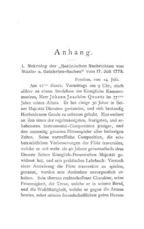 1. Nekrolog der "Berlinischen Nachrichten von Staats- u. Gelehrten-Sachen" vom 17. Juli 1773