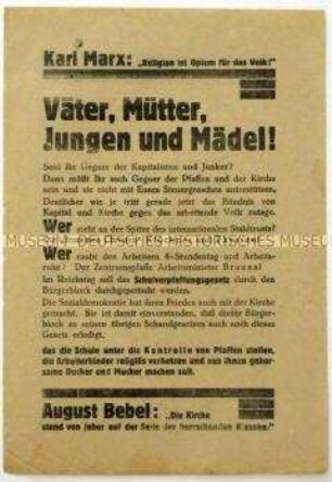 Aufruf der KPD zum Kirchenaustritt im Zuge der Debatte um das Reichsschulgesetz