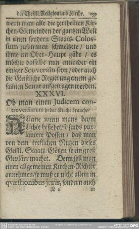 XXXVI. Ob man einen Judicem controversiarum in der Kirche brauche?