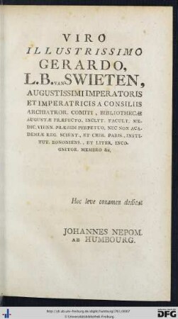 Viro Illustrissimo Gerardo, L. B. van Swieten...