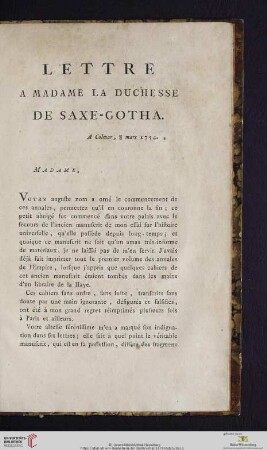Lettre à Madame La Duchesse de Saxe-Gotha