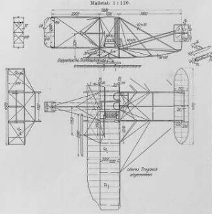 Flugapparat der Gebrüder Wright, Seitenansicht und Aufriß : Technikgeschichte | Fliegende Menschen | Flugzeuge | Projekte und Versuche
