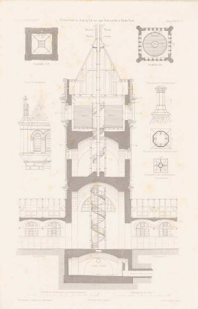Öffentliches Schlachthaus und Viehmarkt, Budapest: Grundrisse, Schnitt, Details Wasserturm (aus: Atlas zur Zeitschrift für Bauwesen, hrsg. v. G. Erbkam, Jg. 25, 1875)