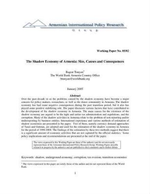 The shadow economy of Armenia : size, causes and consequences