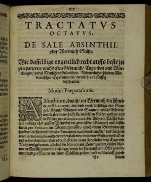 Tractatus Octavus. De Sale Absinthii, oder Wermuth Saltze.