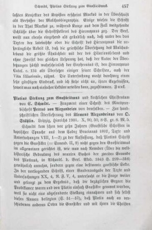 457-458 [Rezension] Schmidt, Carl, Plotins Stellung zum Gnosticismus und kirchlichen Christentum
