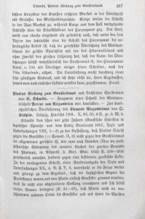 457-458 [Rezension] Schmidt, Carl, Plotins Stellung zum Gnosticismus und kirchlichen Christentum