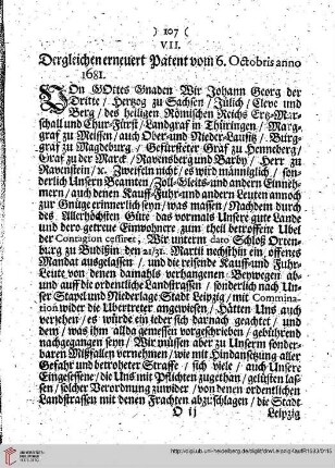 VII. Dergleichen erneuert Patent vom 6. Octobris ann. 1681.